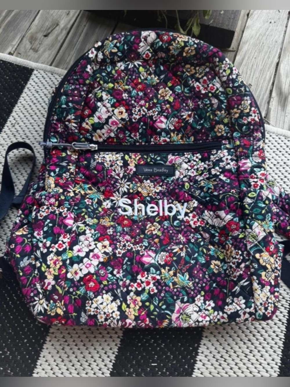 Vera Bradley Navy Multi Floral Quilted Backpack (Previously Embroidered With)